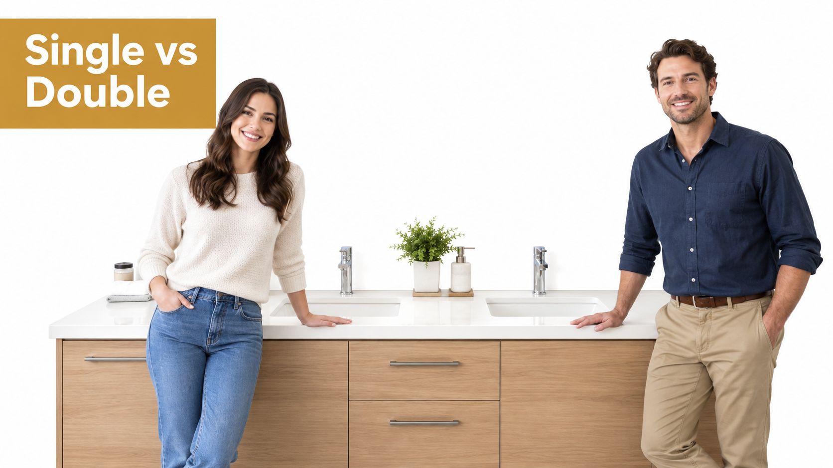 A happy couple posing next to a modern double sink bathroom vanity against a white background.