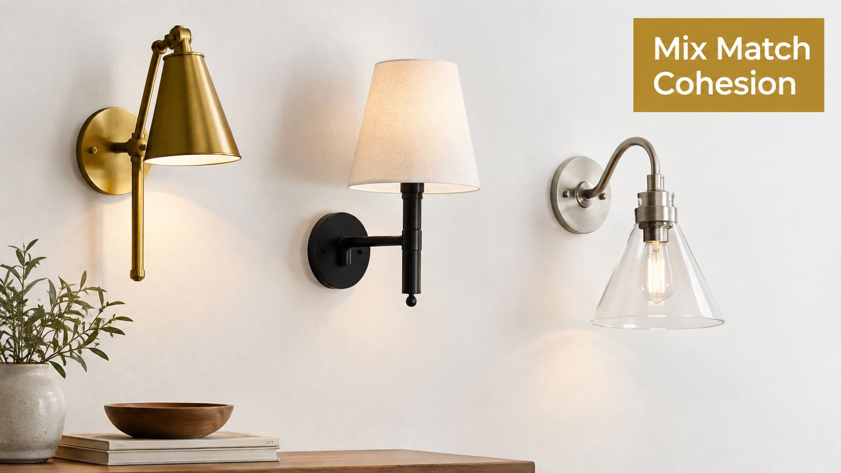Three different decorative wall sconce lighting fixtures mounted on a white wall above a wooden table.