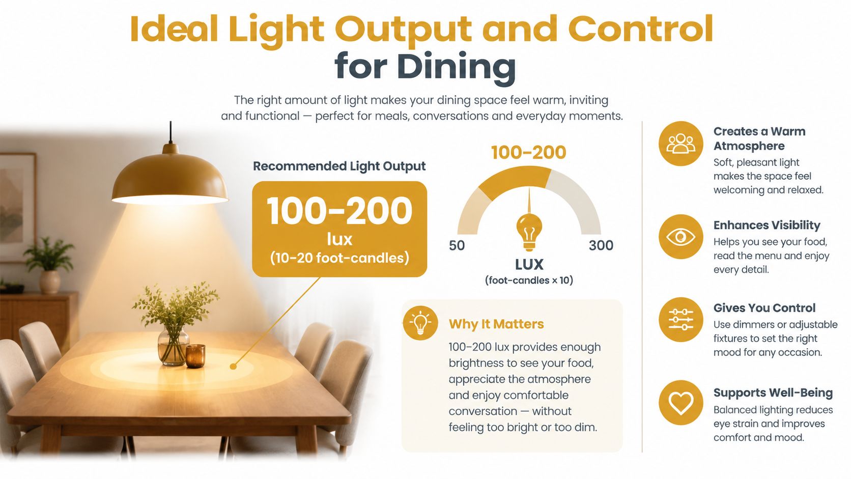 A graphic showing ideal dining room lighting levels for a comfortable atmosphere.
