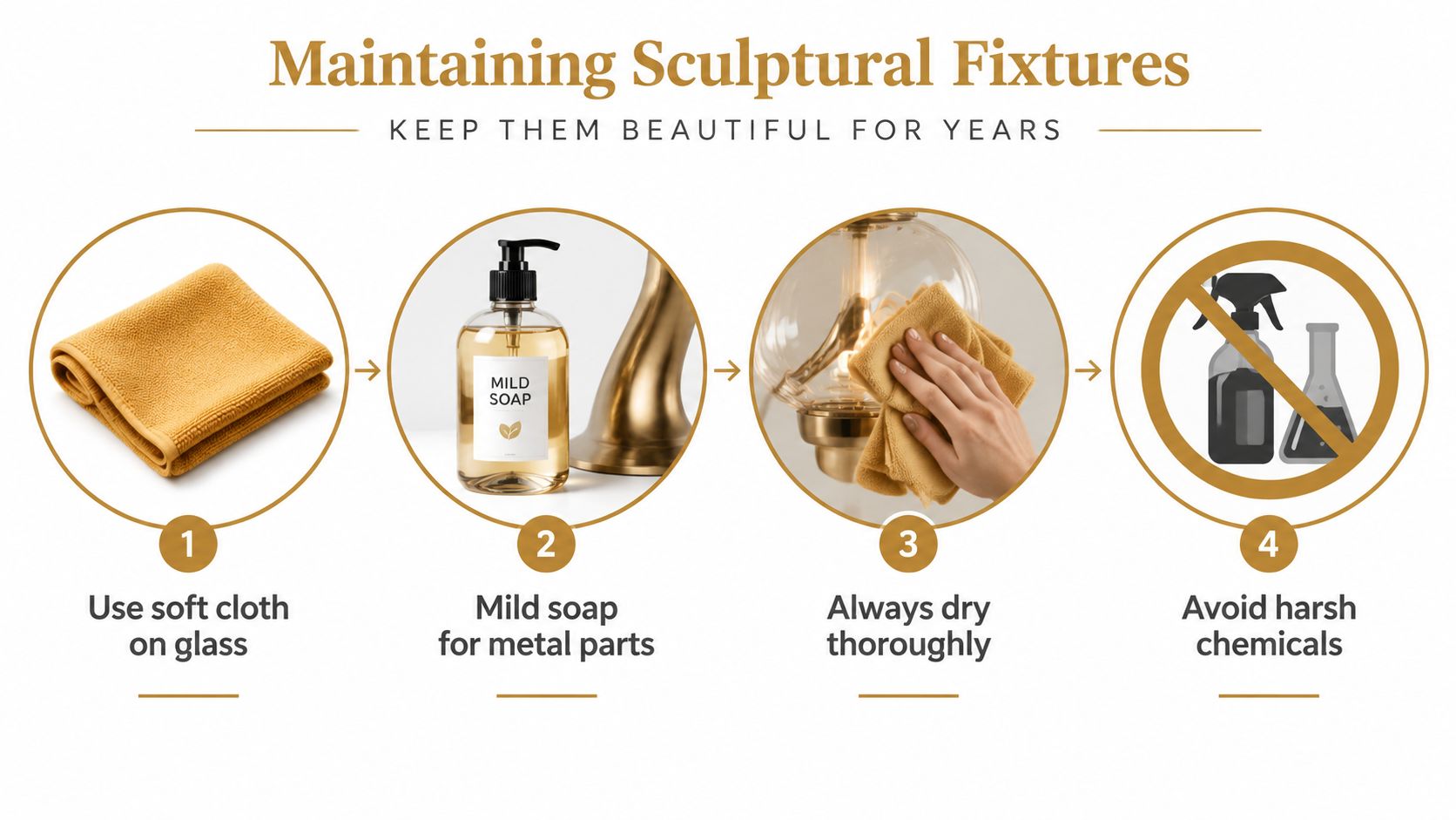 A step-by-step instructional infographic for cleaning and maintaining sculptural light fixtures using mild soap and soft cloths.