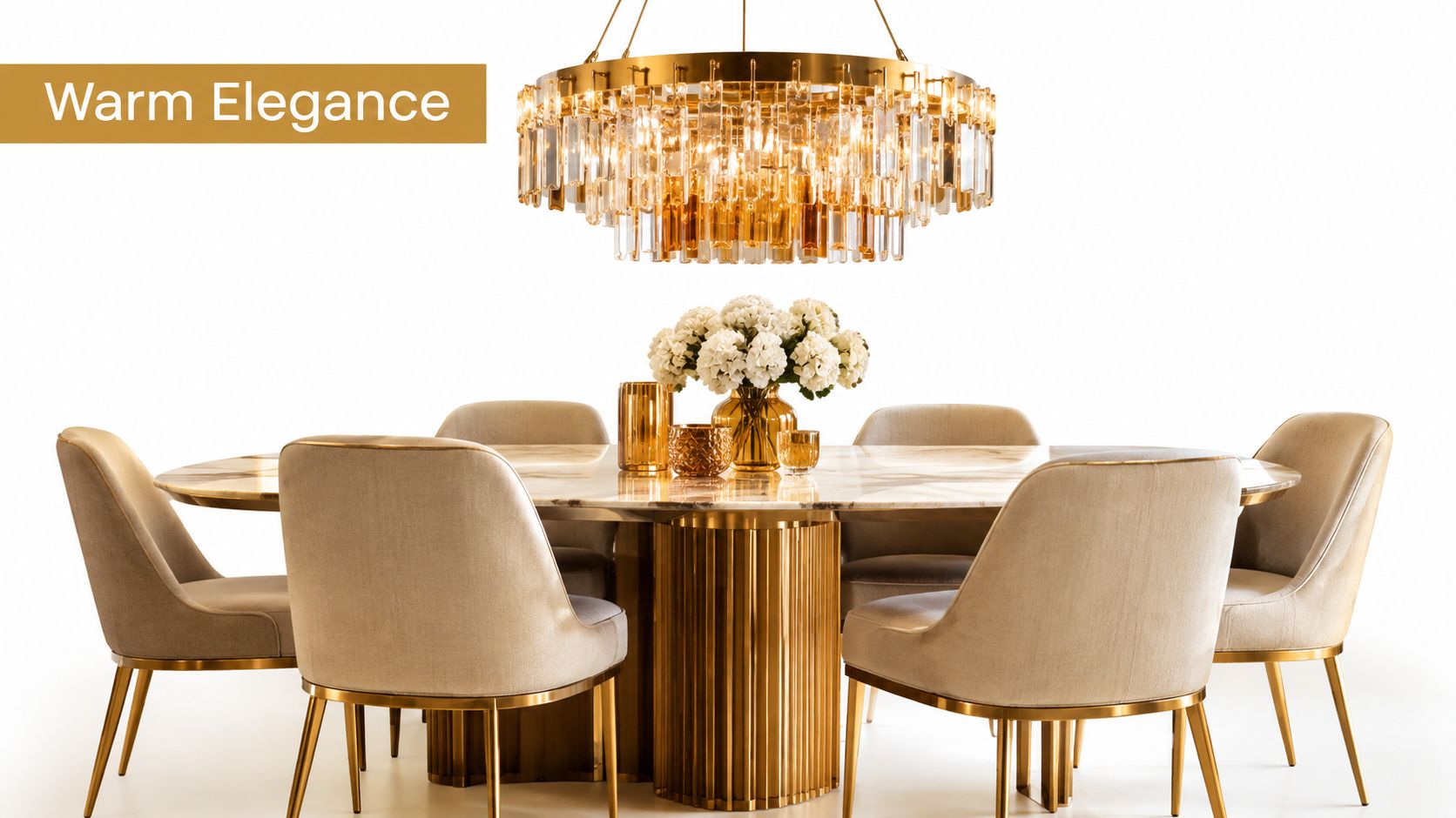 Styled scene: a luxurious dining set featuring a round marble table, beige chairs, and a grand color glass chandelier.