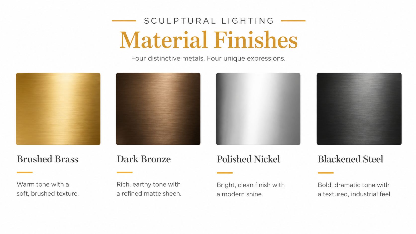 A visual guide displaying four distinct metal material finishes for sculptural lighting: Brushed Brass, Dark Bronze, Polished Nickel, and Blackened Steel.