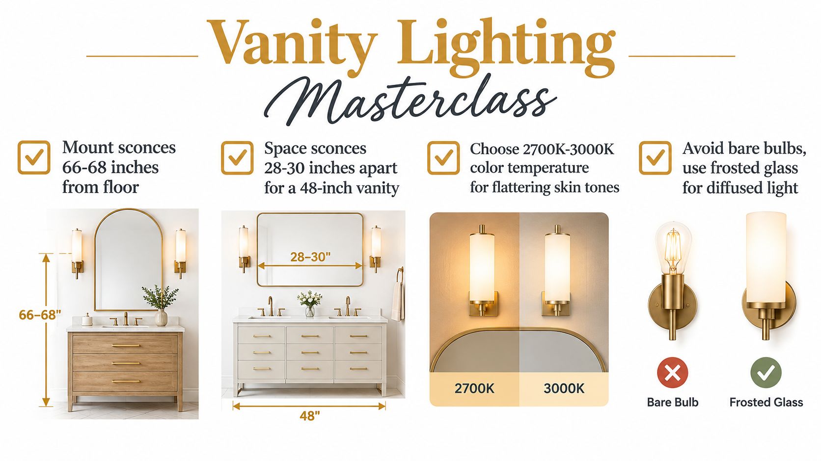 An infographic illustrating bathroom vanity lighting tips including mounting height, sconce spacing, color temperature, and fixture styles.