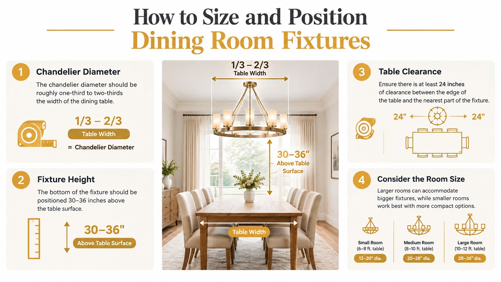 An infographic showing guidelines for sizing and positioning chandeliers above a dining room table.