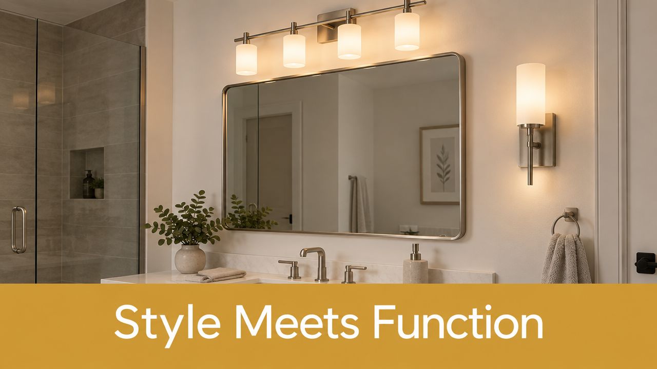 A modern, elegantly lit bathroom vanity area featuring a large mirror, stylish light fixtures, and marble countertop.