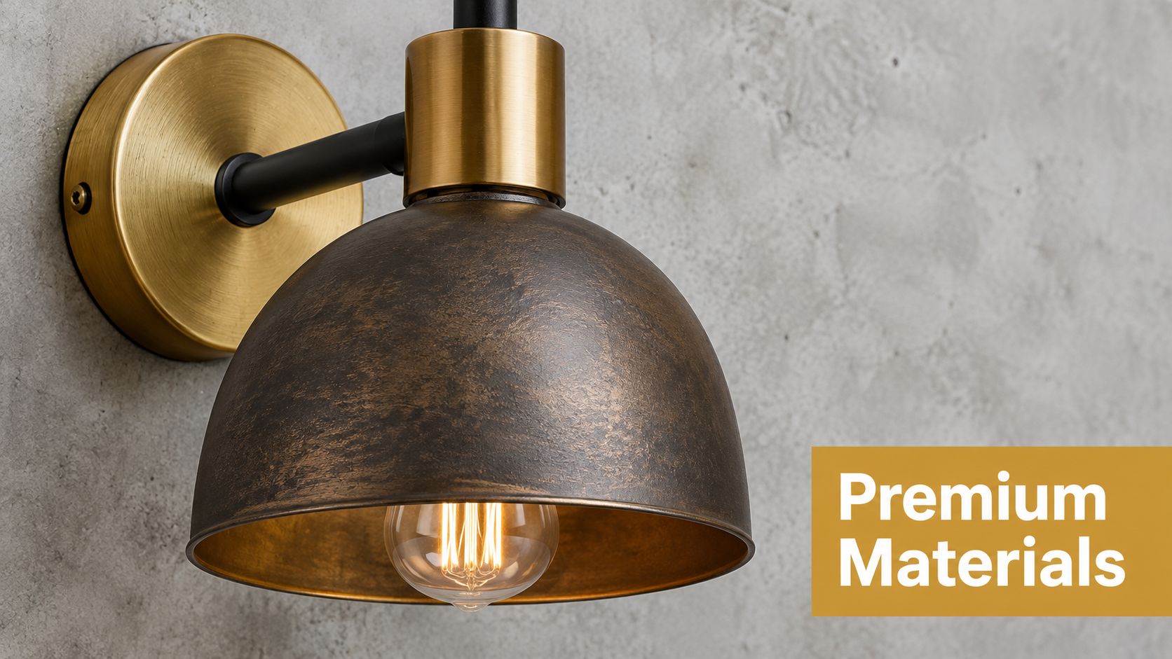 Styled scene: a wall sconce with a distressed bronze dome shade and brass backplate, mounted on a concrete wall.