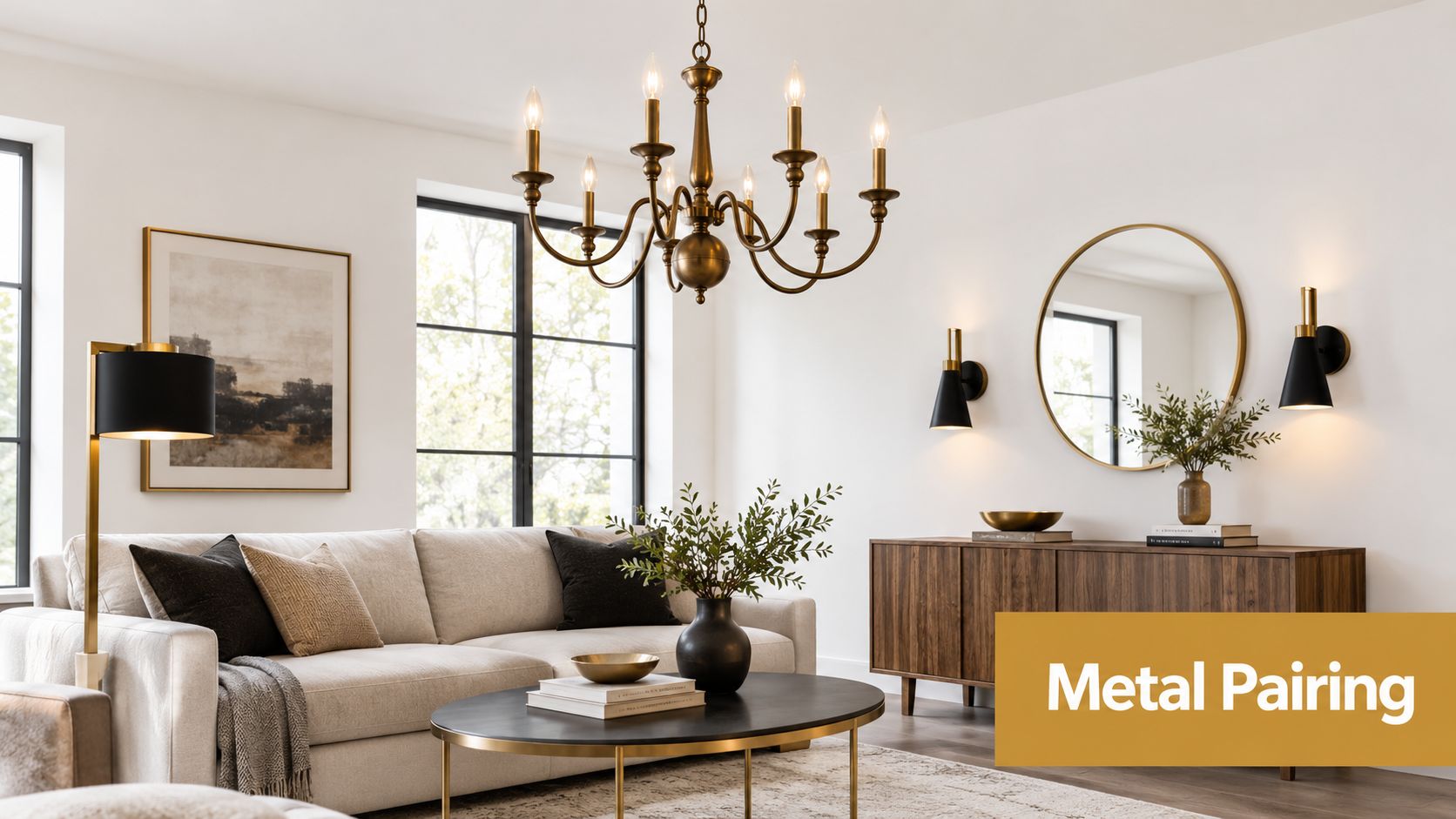 Styled scene: a modern living room featuring an antique bronze chandelier, matching wall sconces, and neutral contemporary furniture decor.