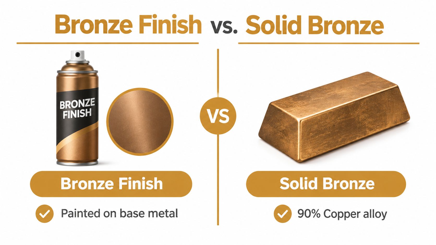 A comparison illustration showing a bronze finish spray can versus a solid bronze metal ingot.