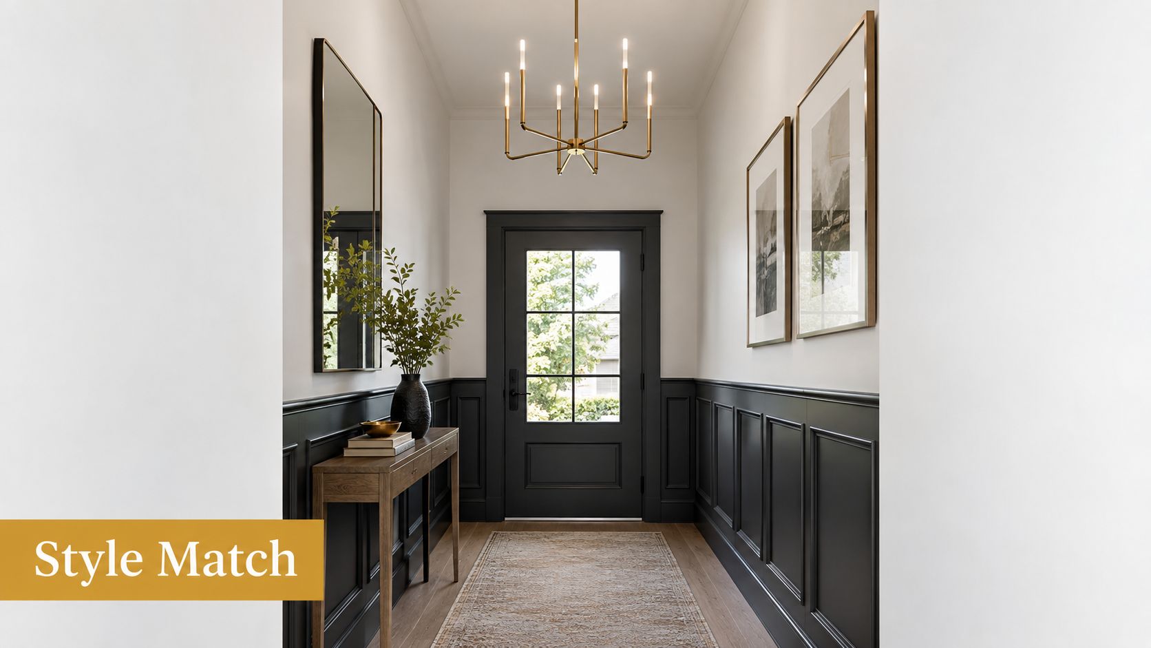 A modern foyer with black wainscoting, a gold chandelier, and a wood console table with artwork.