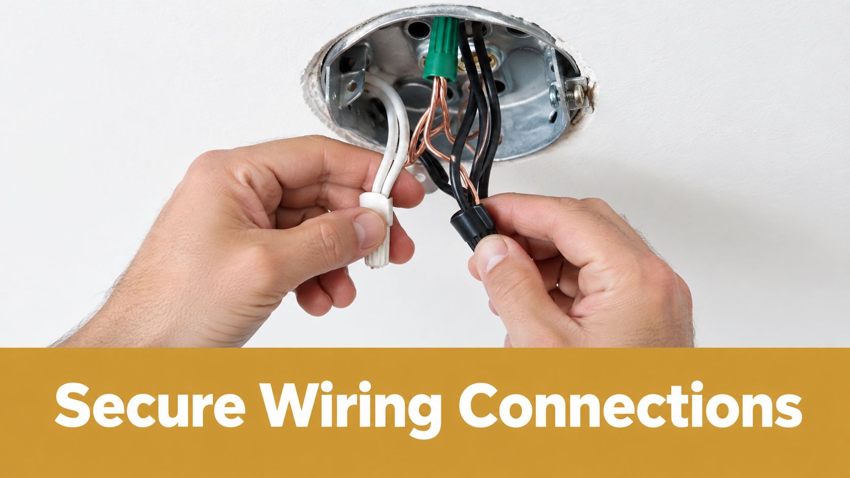 Secure wiring connections: hands joining black, white, and grounded conductors with wire connectors inside a ceiling junction box.
