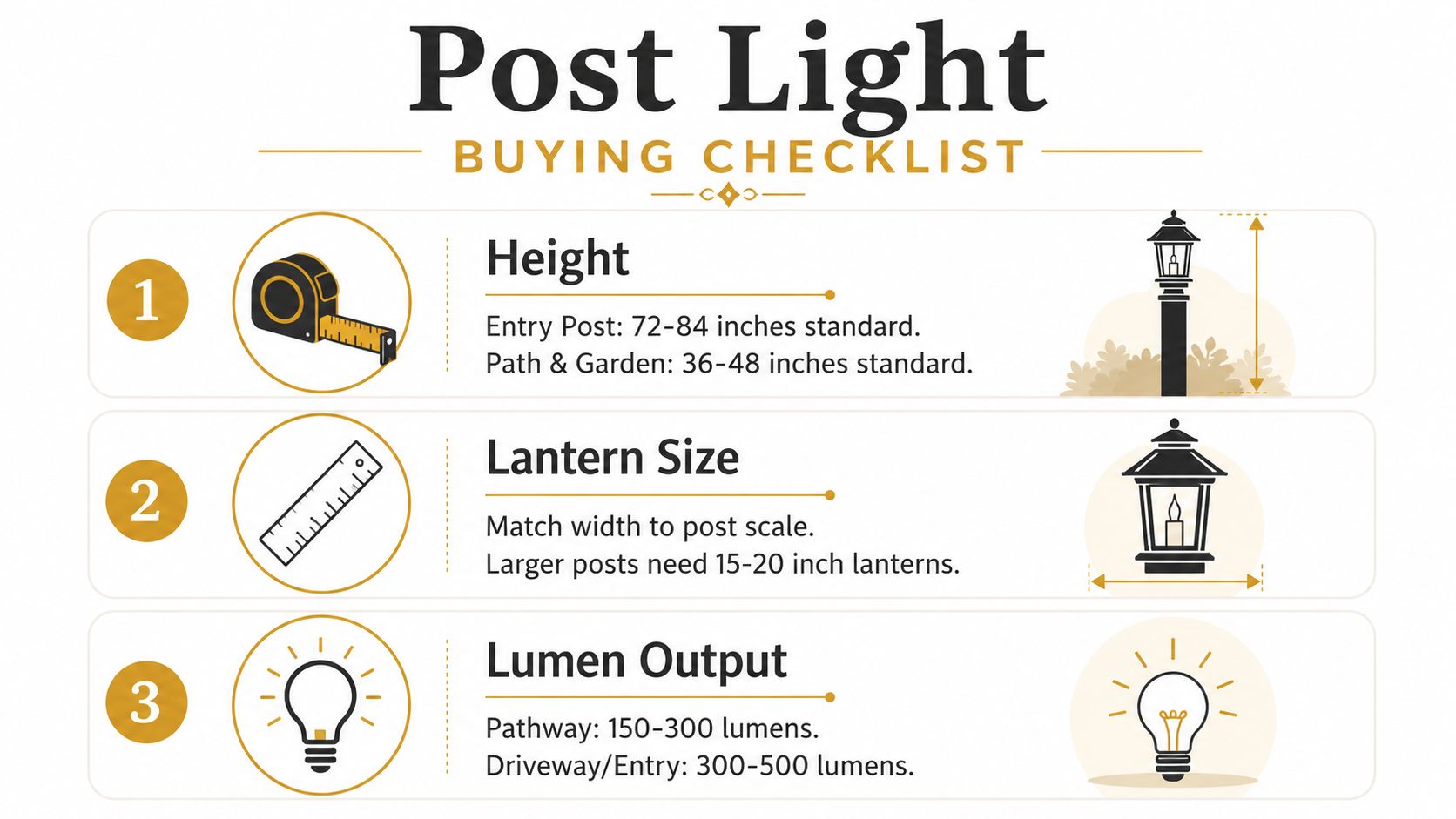 An infographic checklist for buying outdoor post lights, including height, lantern size, and lumen output recommendations.