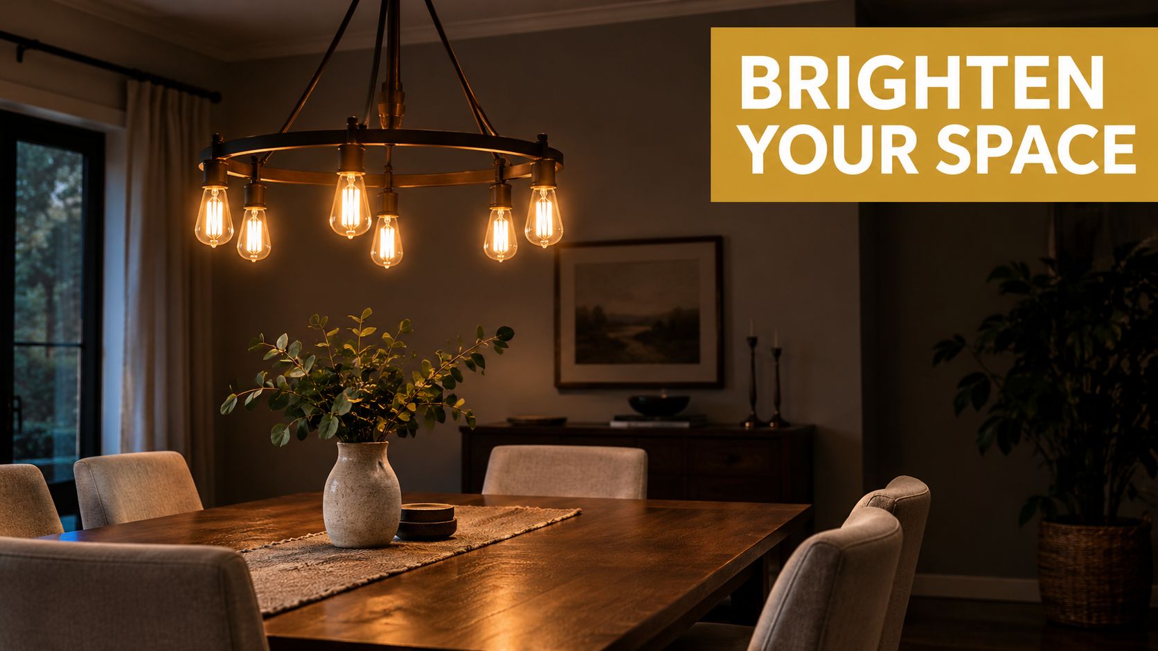 A elegant dining room featuring a black circular chandelier with glowing Edison bulbs above a wooden table.