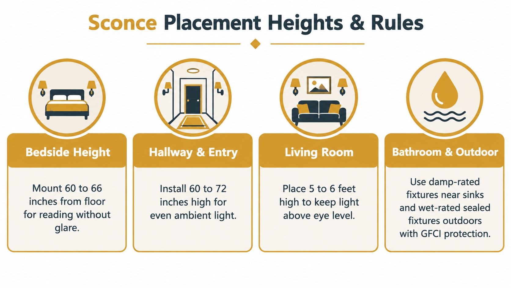 A helpful infographic outlining recommended mounting heights and safety rules for installing wall sconce light fixtures in homes.