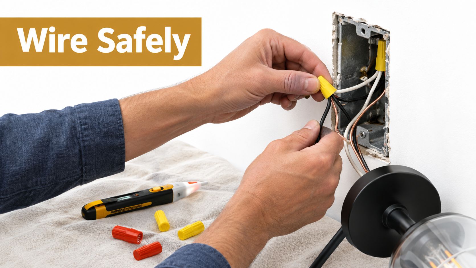 An electrician securely connects electrical wires using a yellow wire connector inside a wall junction box.