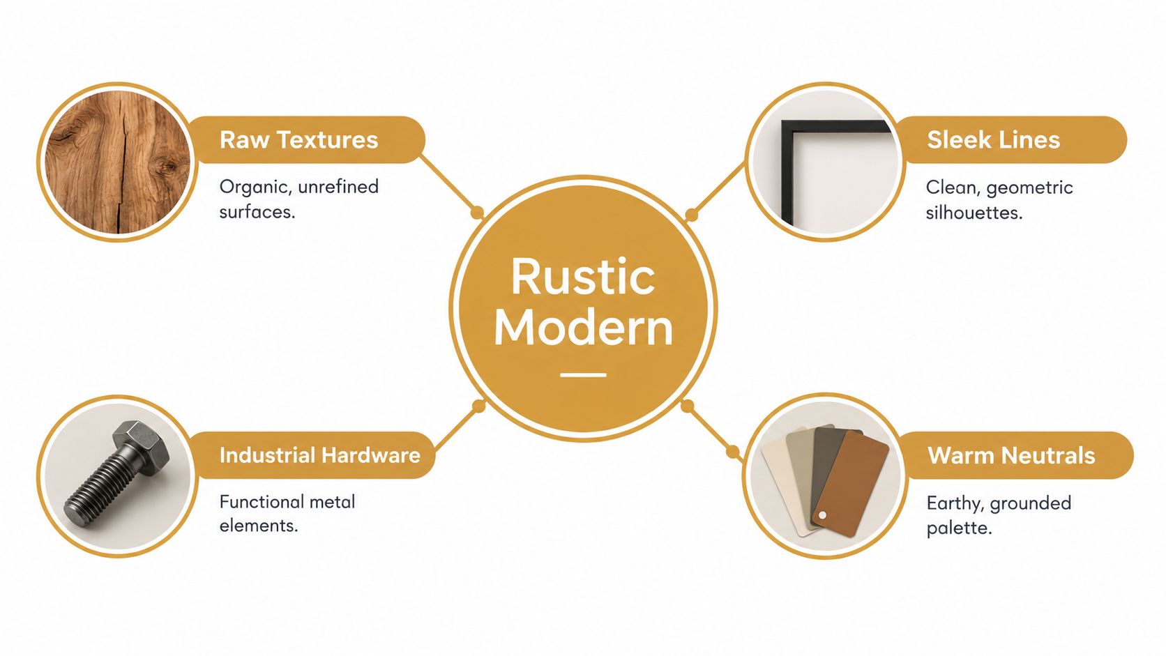 Infographic: the four elements of rustic modern style — raw textures, sleek lines, industrial hardware, and warm neutrals.