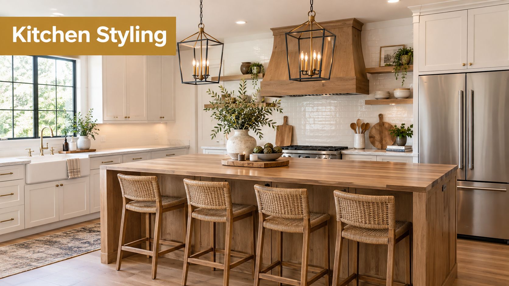 Styled scene: a rustic modern kitchen with a long wood island, woven counter stools, and two black lantern pendants.