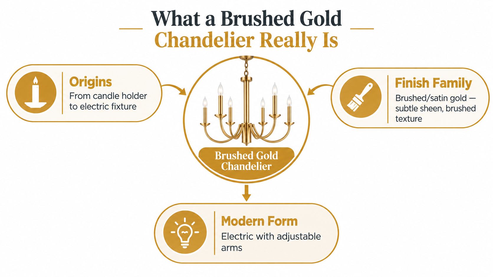 An infographic detailing the features, origins, and finish of a modern brushed gold chandelier light fixture.