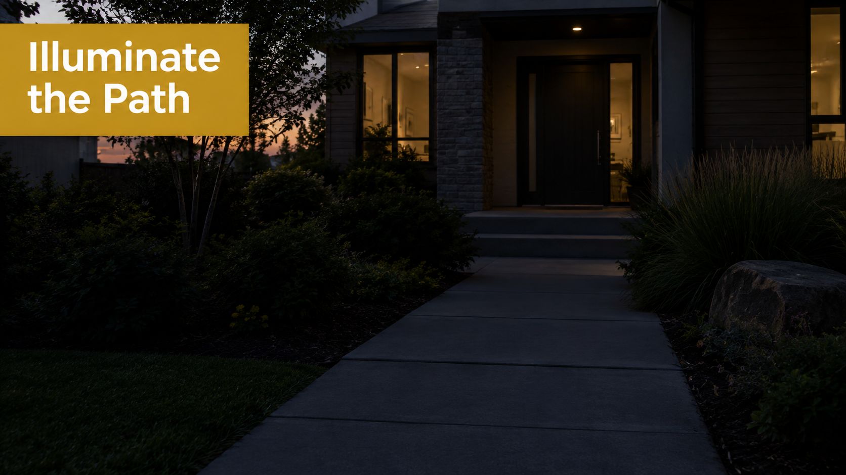 A modern home walkway at dusk featuring elegant architecture and landscaping waiting for landscape lighting installation.