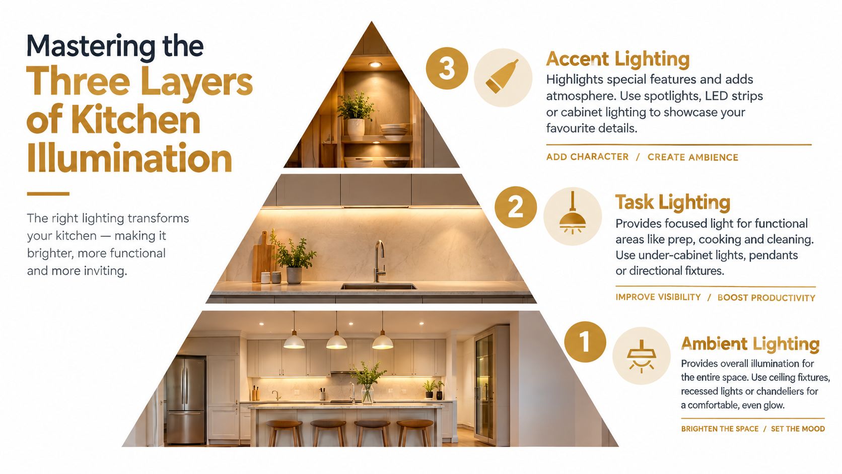A triangular infographic explaining the three layers of kitchen illumination: ambient, task, and accent lighting.