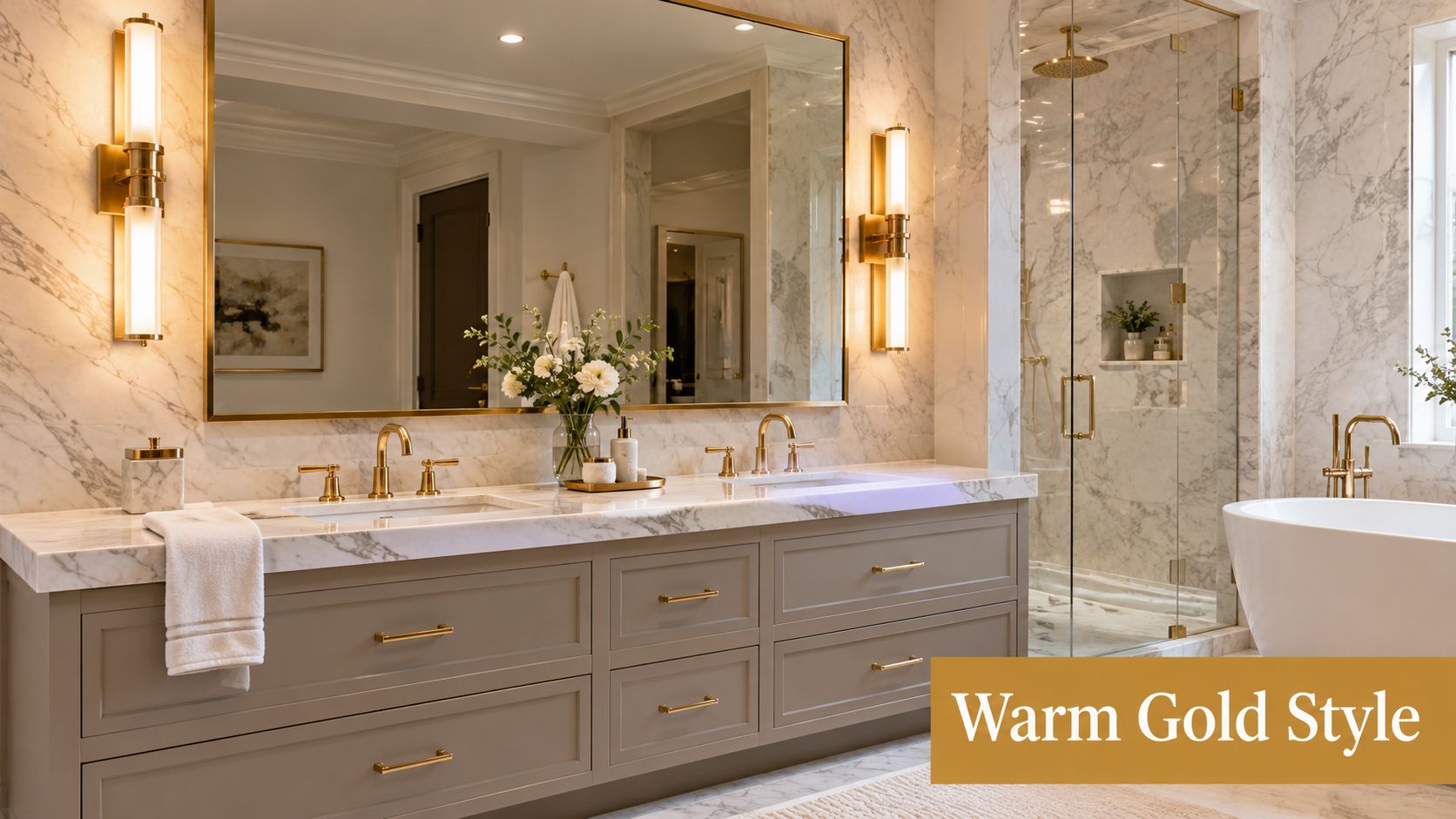 Styled scene: a marble bathroom with a double vanity, a large gold-framed mirror flanked by vertical gold sconces, and a glass-enclosed shower.