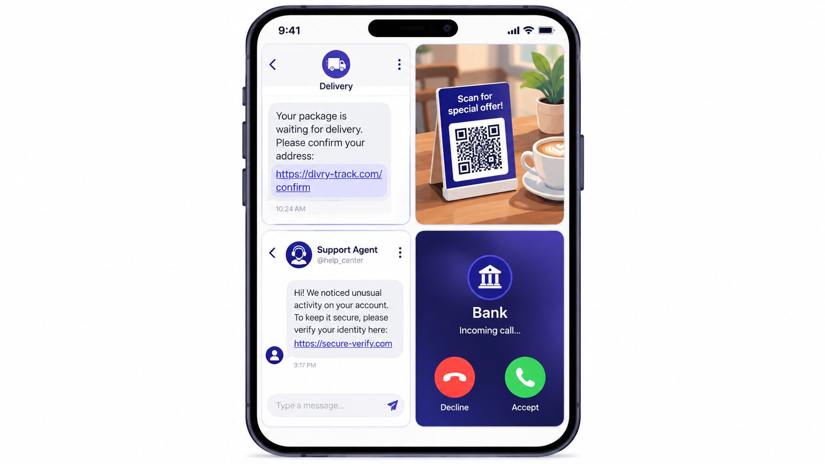 A smartphone display showing various examples of common phishing scams including fake delivery texts and banking calls.
