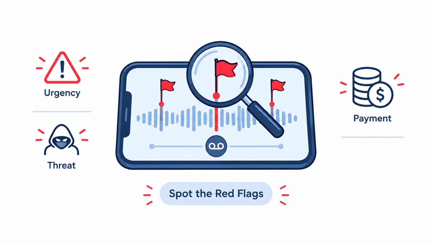 A smartphone screen displaying a waveform with red flags detected by a magnifying glass, illustrating scam detection.
