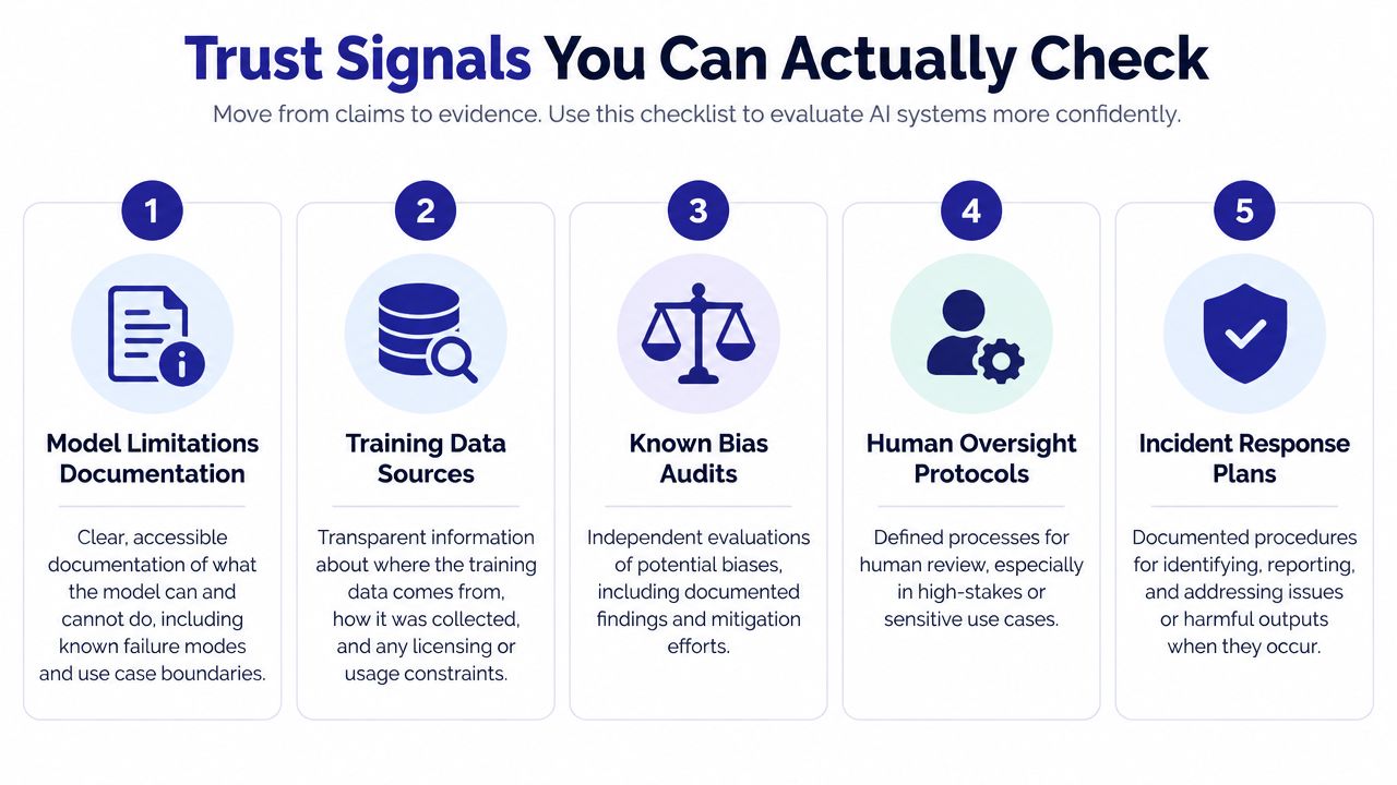 A checklist of five trust signals to verify the reliability and safety of artificial intelligence systems.