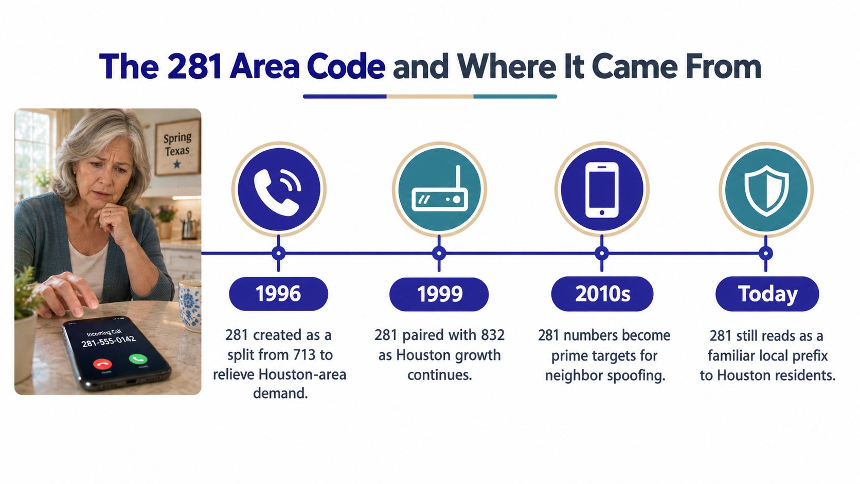 A timeline graphic showing the history and evolution of the Houston area code 281 over time.