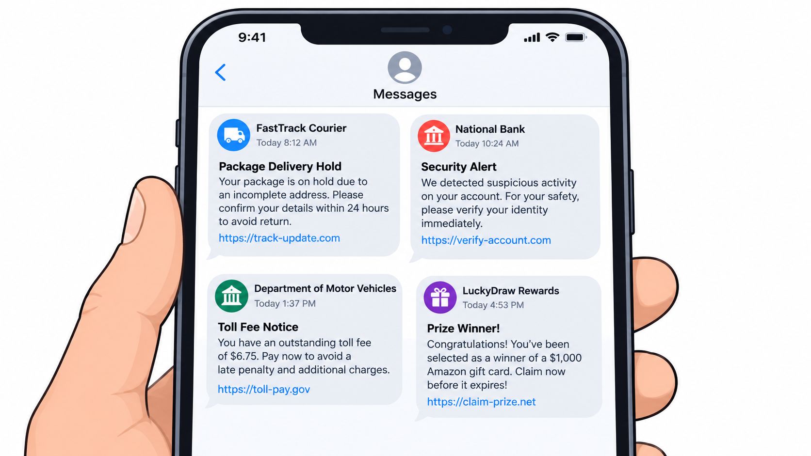 A hand holds a smartphone displaying multiple suspicious text messages, illustrating common SMS phishing scams.