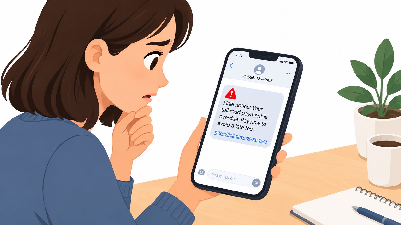 A concerned woman reading a fraudulent toll road payment text message scam on her smartphone.