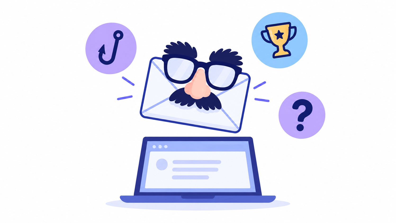 A digital illustration showing an envelope disguised with glasses and a mustache hovering over a laptop.