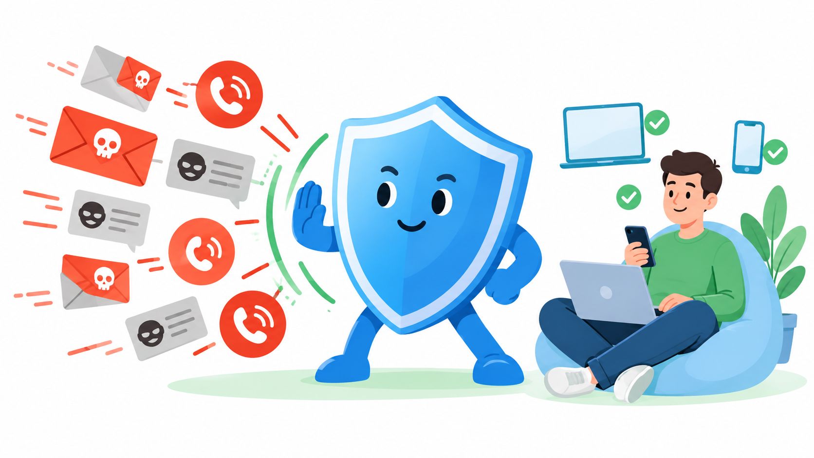 A friendly shield character blocking malicious emails and calls for a person working securely on devices.