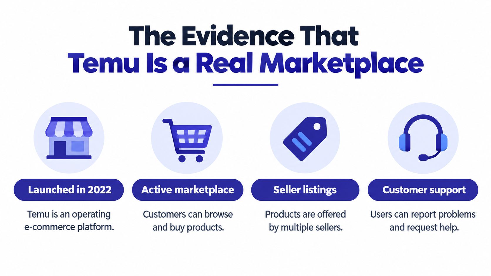 An infographic titled The Evidence That Temu Is a Real Marketplace with icons for launch, shopping, listings, and support.