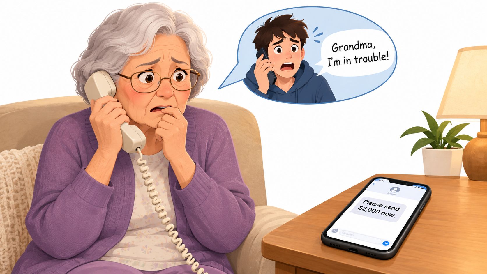 An elderly woman looking concerned while on a landline telephone, receiving a scam request for money.