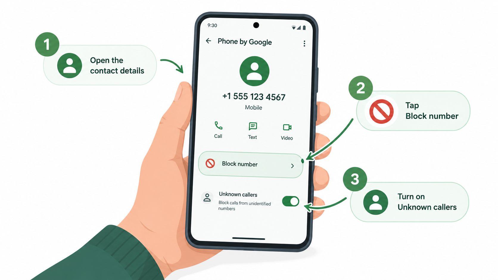 A hand holding a smartphone demonstrating steps to block a phone number using the Google Phone app.
