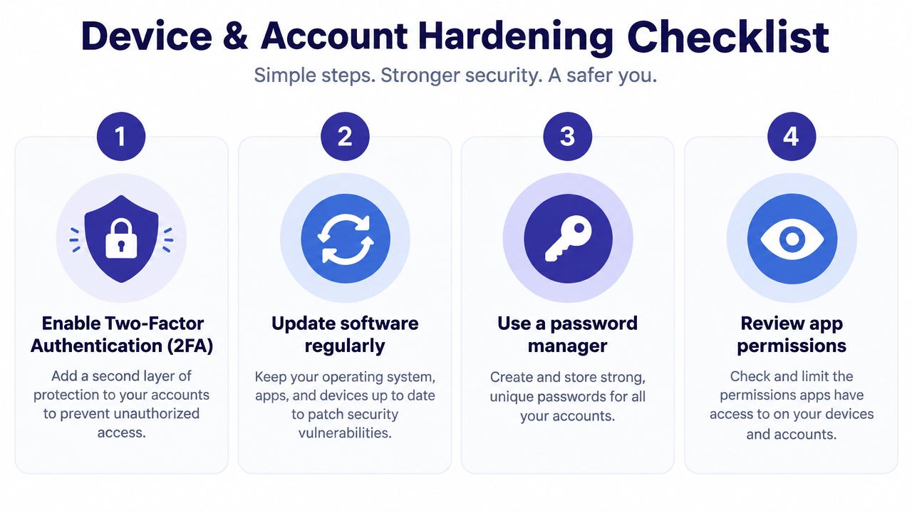 A four-step checklist for hardening device and account security, featuring icons for authentication, updates, passwords, and permissions.