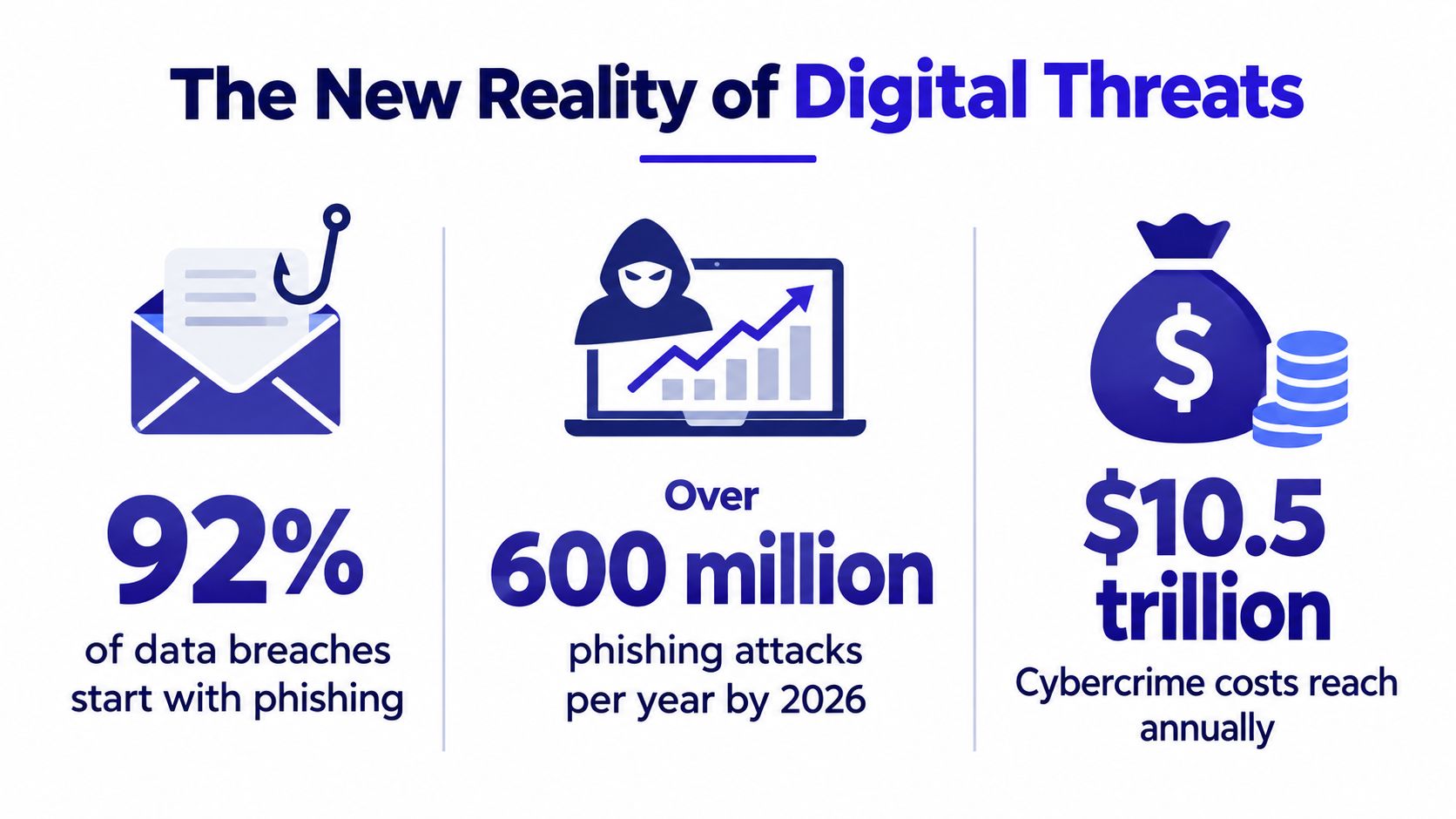An infographic titled The New Reality of Digital Threats showing statistics about phishing and cybercrime financial costs.