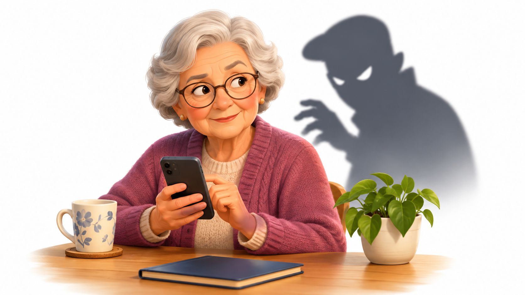 A senior woman sitting at a table using a smartphone while a suspicious shadowy figure lurks behind.