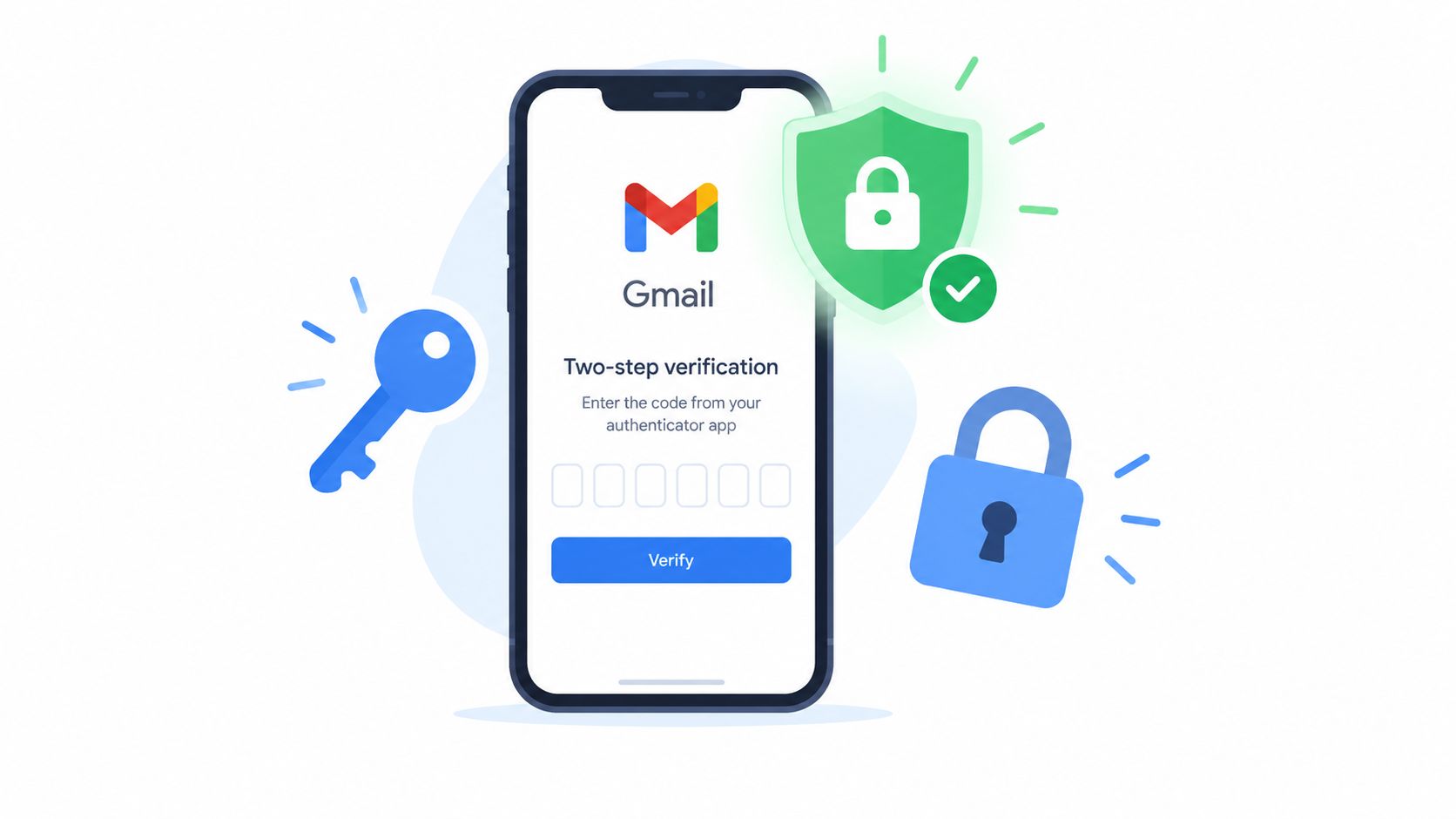 A smartphone screen showing the Gmail two-step verification login process with security icons like keys and padlocks.