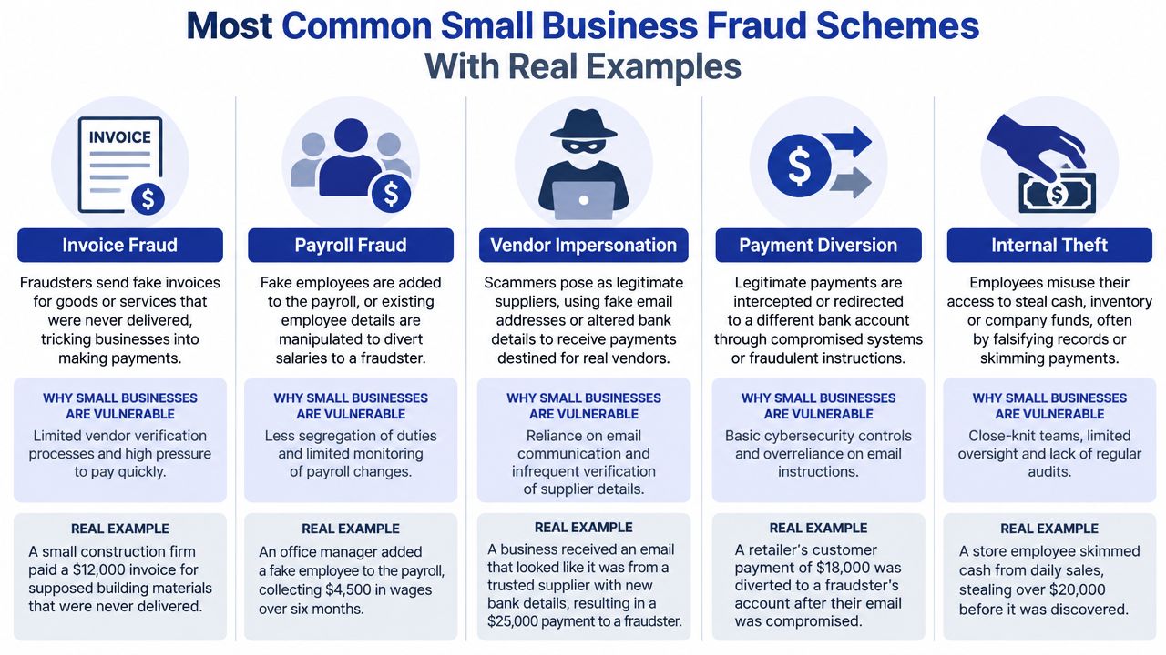 An infographic titled Most Common Small Business Fraud Schemes, detailing five types of fraud with real-world examples.
