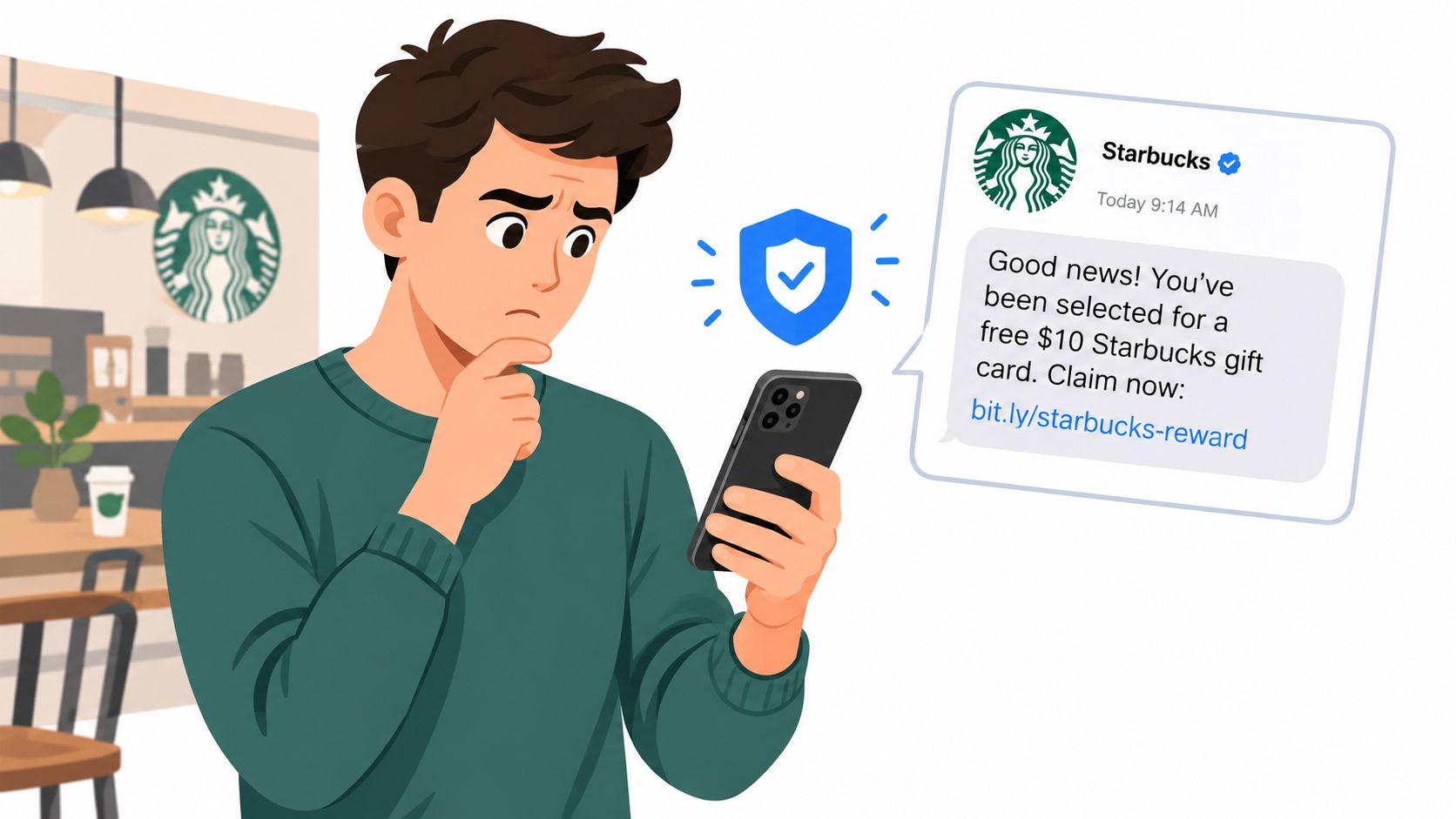 A concerned young man checks his smartphone while viewing a fraudulent Starbucks gift card phishing message alert.