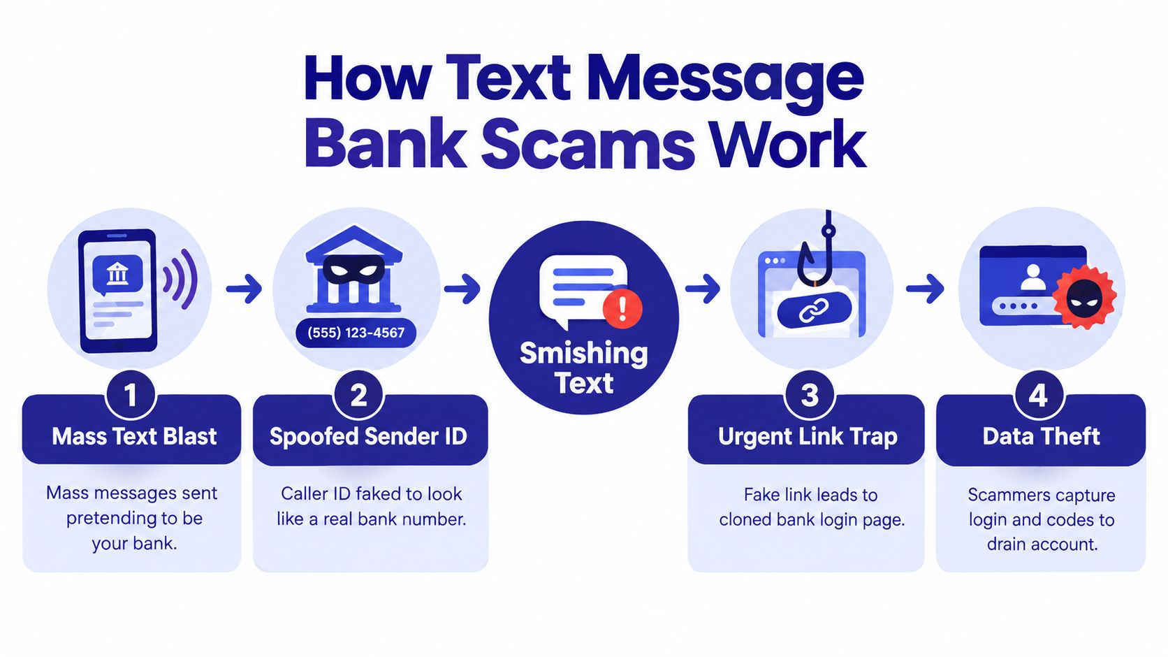 An infographic showing the four steps of how text message bank scams function, starting from mass messages to data theft.