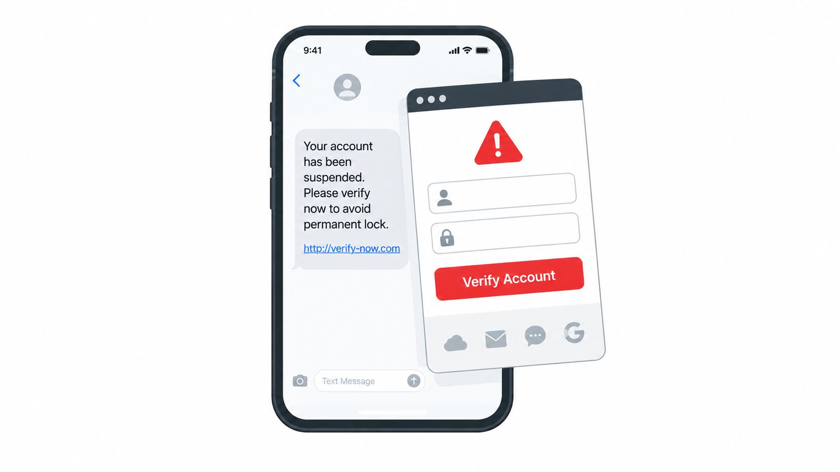 A smartphone screen displaying a phishing text message scam aiming to steal user login credentials.