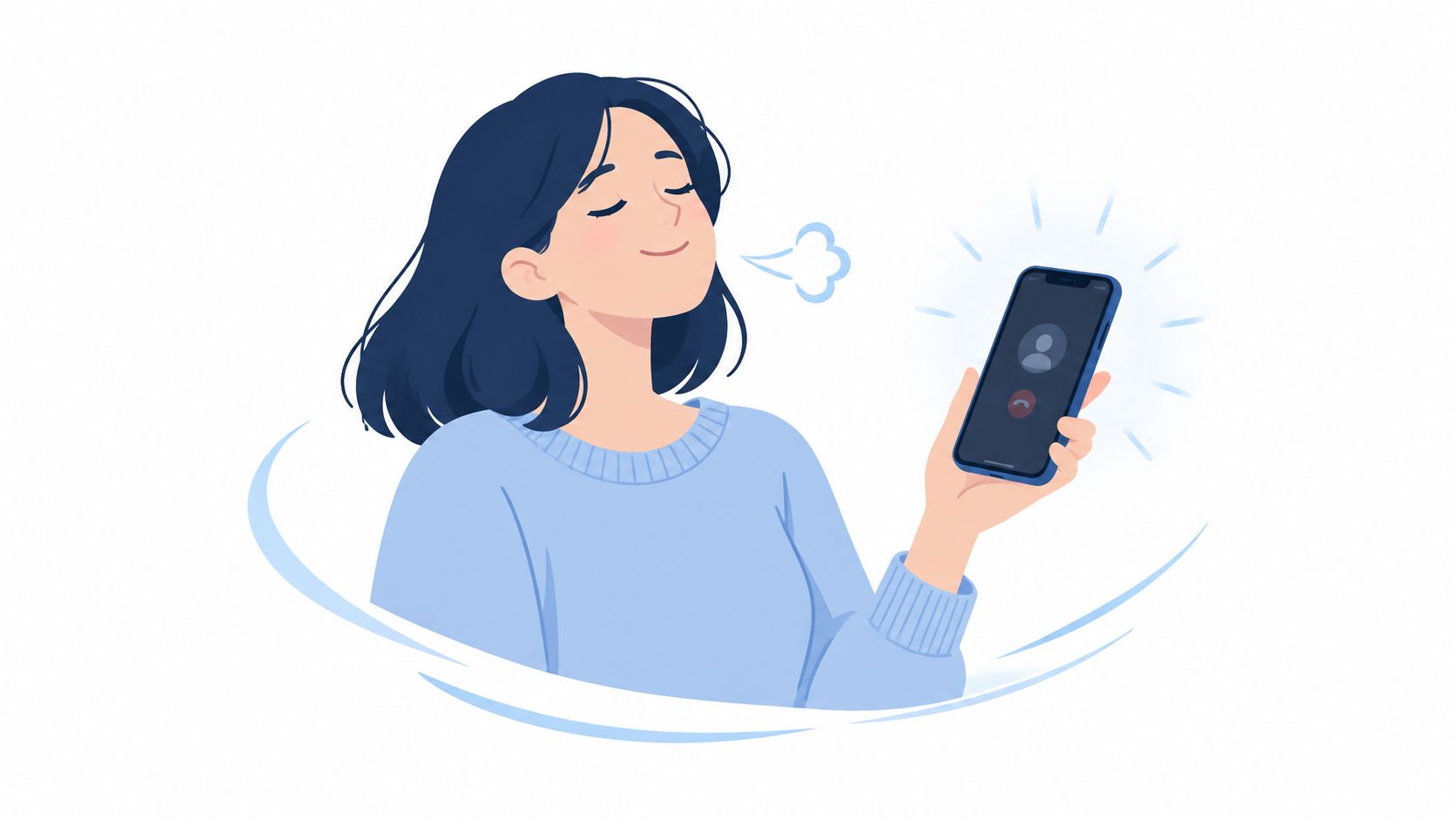 A calm woman taking a deep breath while looking at her smartphone during a phone call.