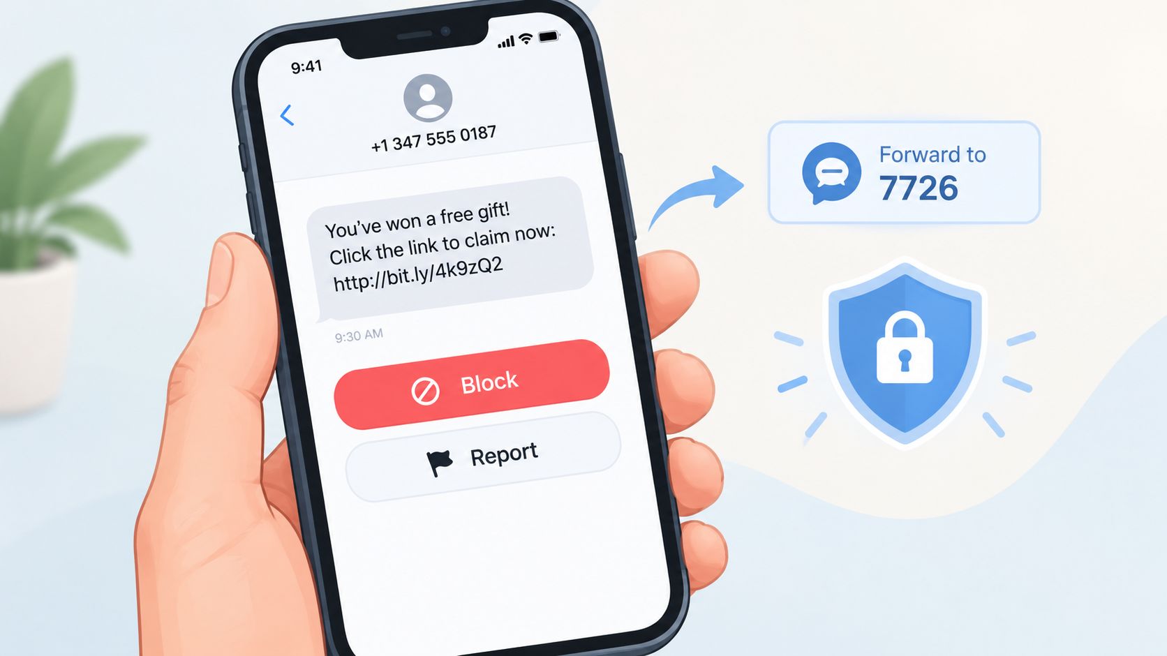 A hand holding a smartphone showing a text message scam being reported and forwarded to 7726.