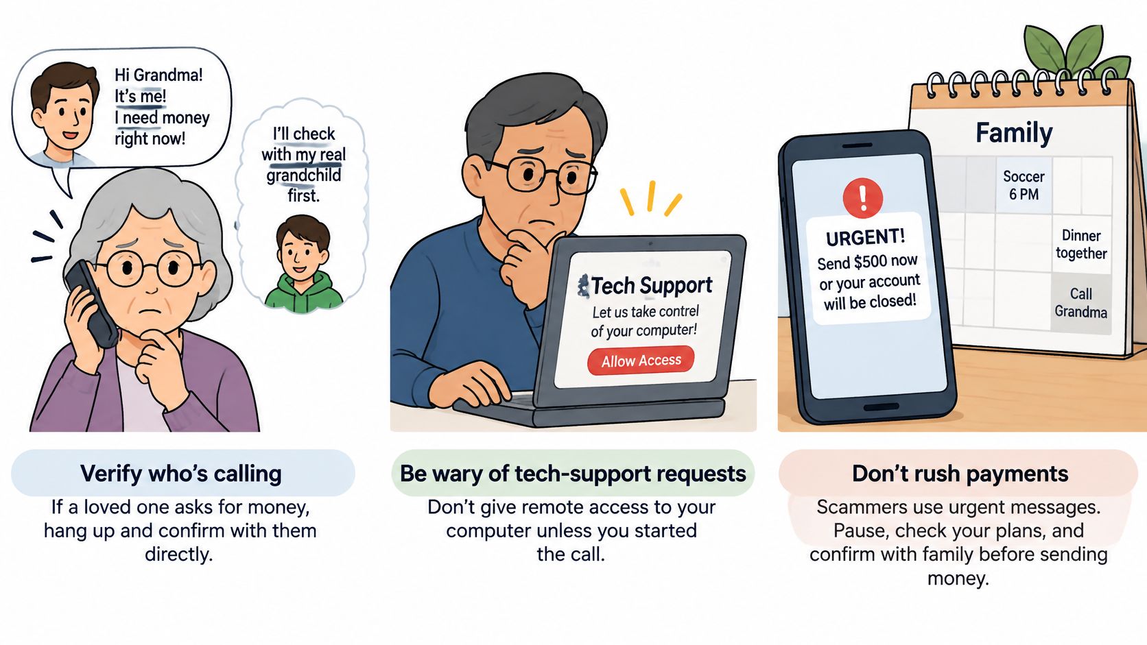 A helpful graphic illustrating three common scam scenarios targeting seniors with advice on how to prevent fraud.