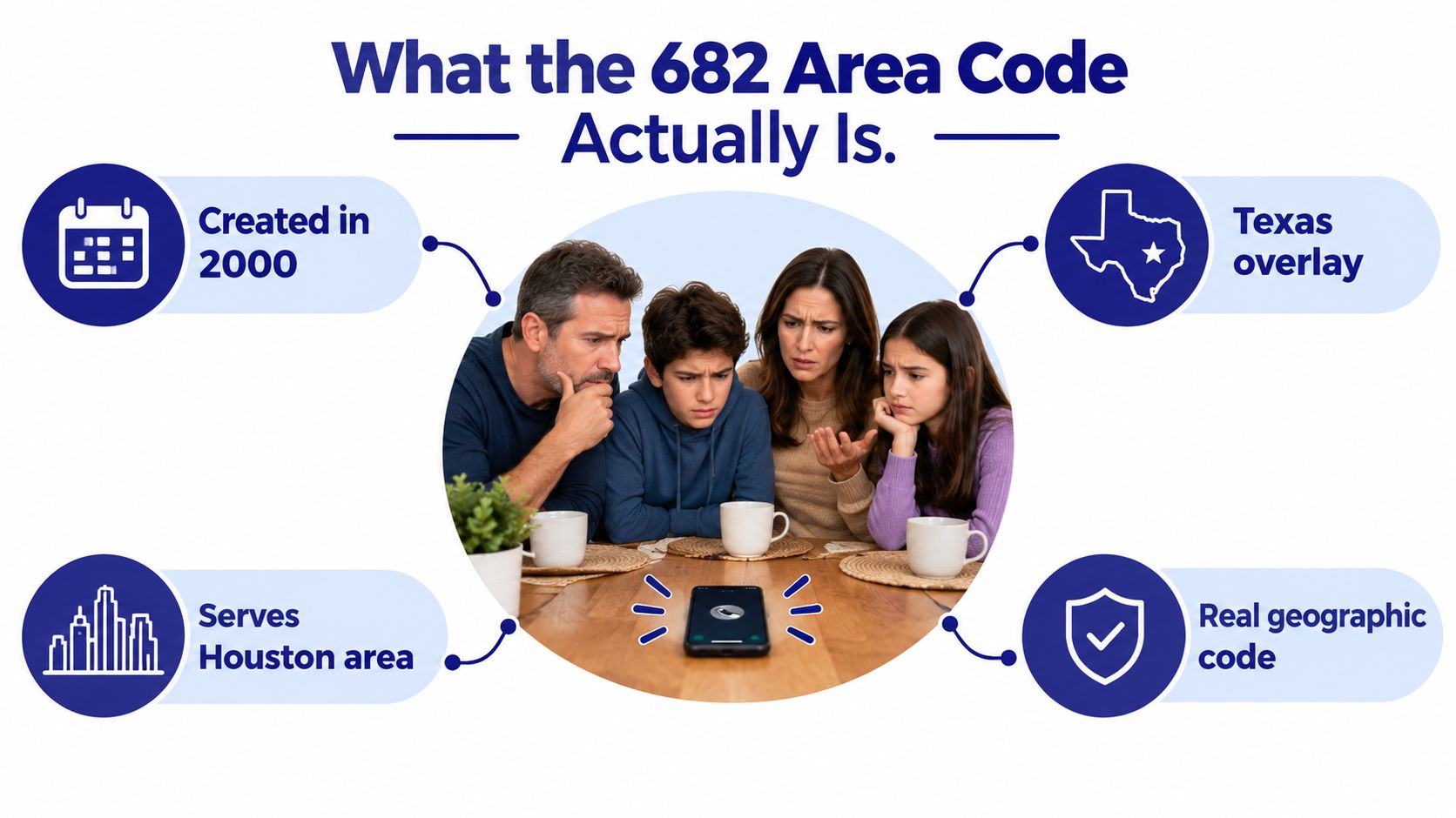 A family of four looks confused at a smartphone displaying a call from the 682 area code.