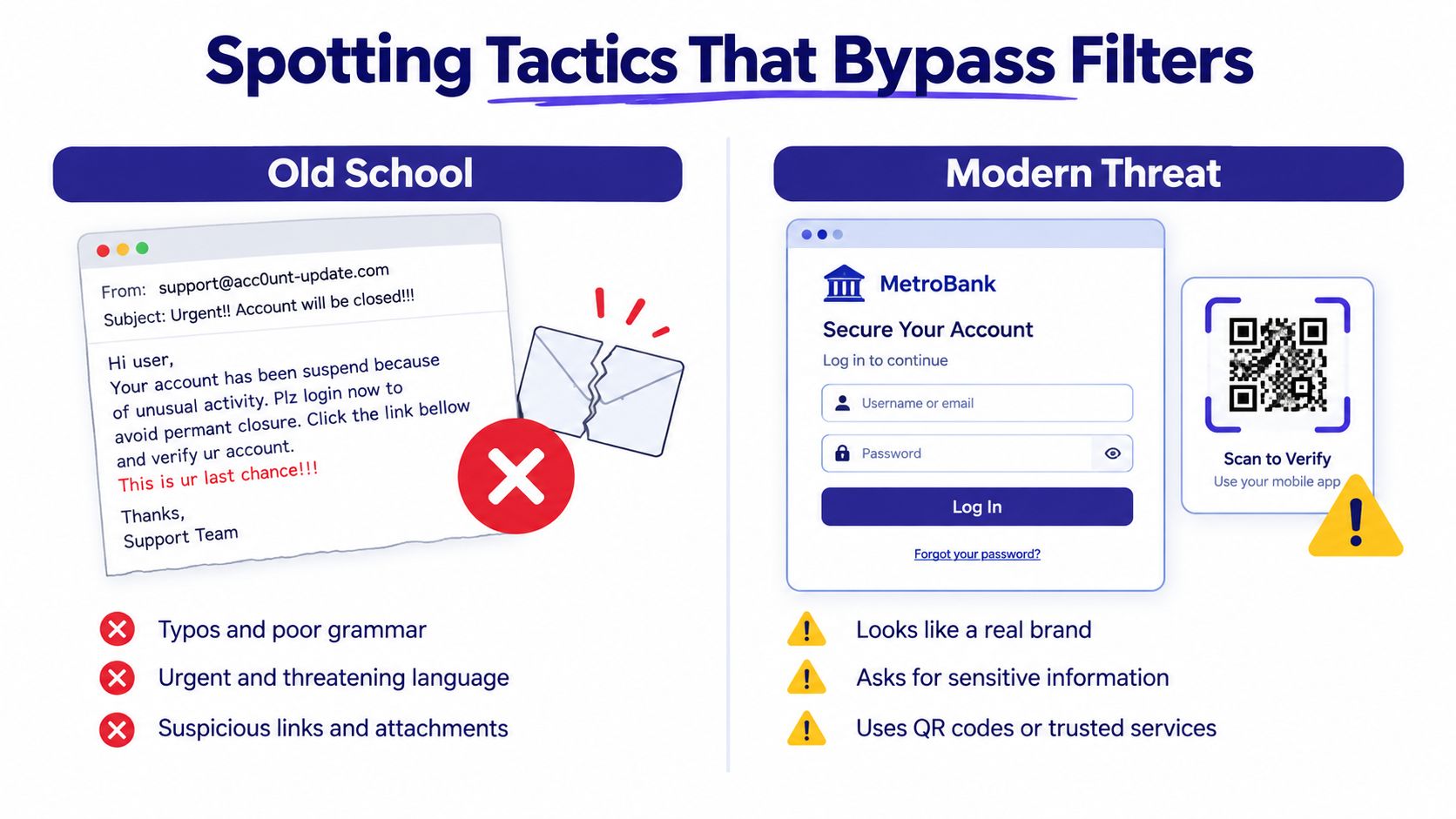 A comparison infographic showing old-school email phishing tactics versus modern QR code-based phishing scams.