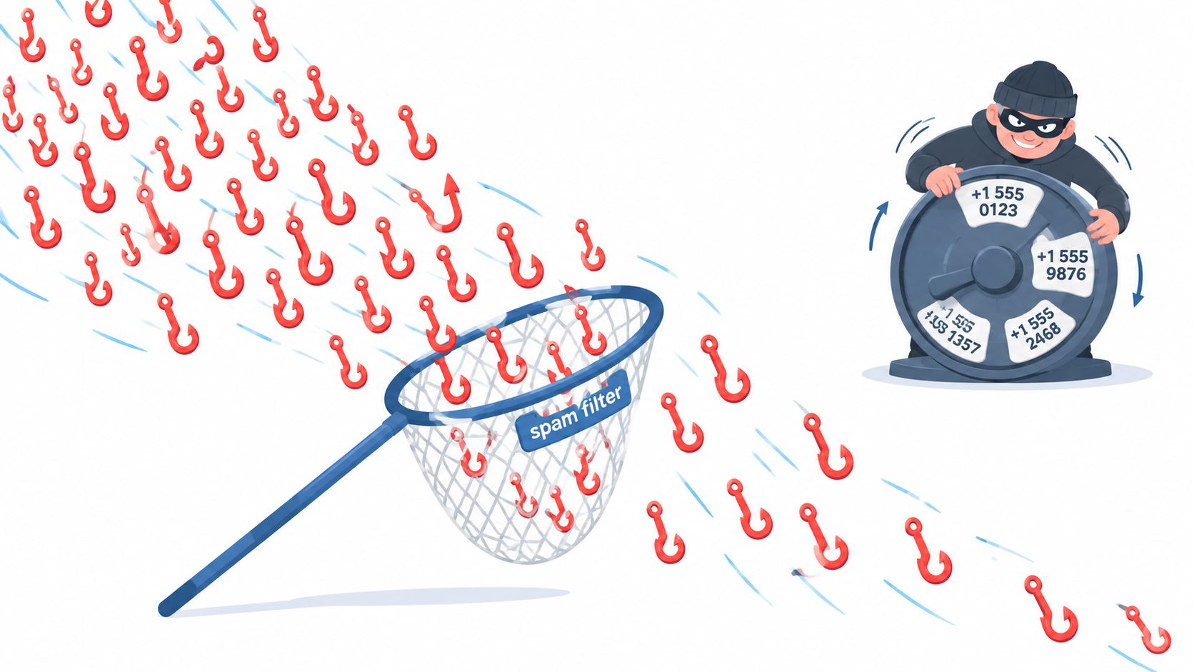 A digital illustration showing a spam filter net catching red fishing hooks being deployed by a hacker.