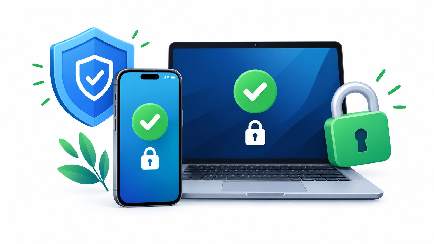 A 3D illustration featuring a smartphone and a laptop secured with digital shields and green checkmarks.